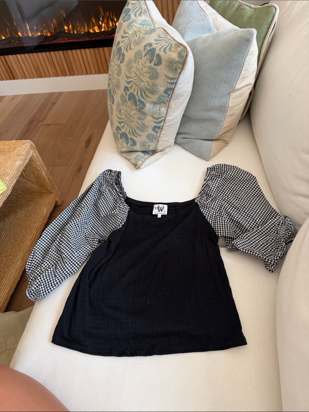 Women’s Black Smocked Top with Gingham Puff Sleeves